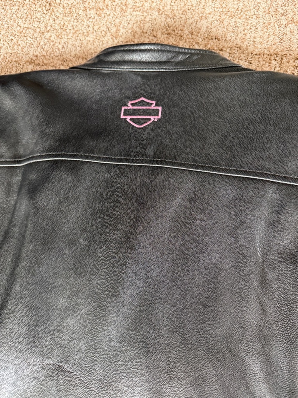Harley-Davidson Black Leather Bomber Jacket with Pink Logo Accent - Picture 10 of 12